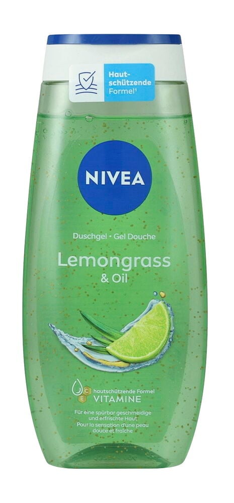 Duschgel Nivea 250 ml Lemongras & Oil, eine grüne transparente Flasche mit weiß-blauem Verschluss.