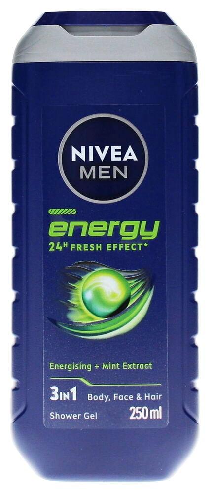 Eine dunkelblaue Nivea Men Energy 250 ml Duschgelflasche mit grauem Verschluss und grünen Akzenten.