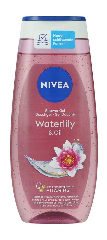 Eine rosa Nivea Waterlily & Oil Duschgelflasche mit Goldpartikeln, weißem Deckel und blauem Logo, Vorderansicht.