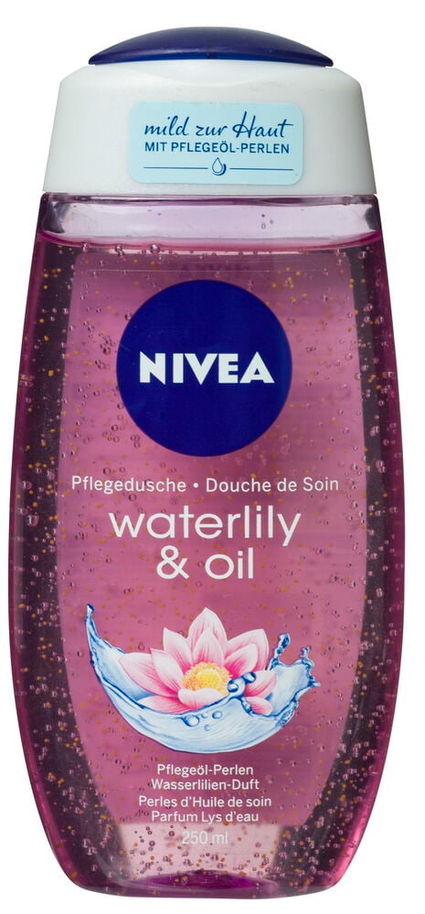 Ein Nivea 250ml Duschgel Waterlily & Oil, rosafarbene Flüssigkeit mit goldenen Perlen in transparenter Flasche.
