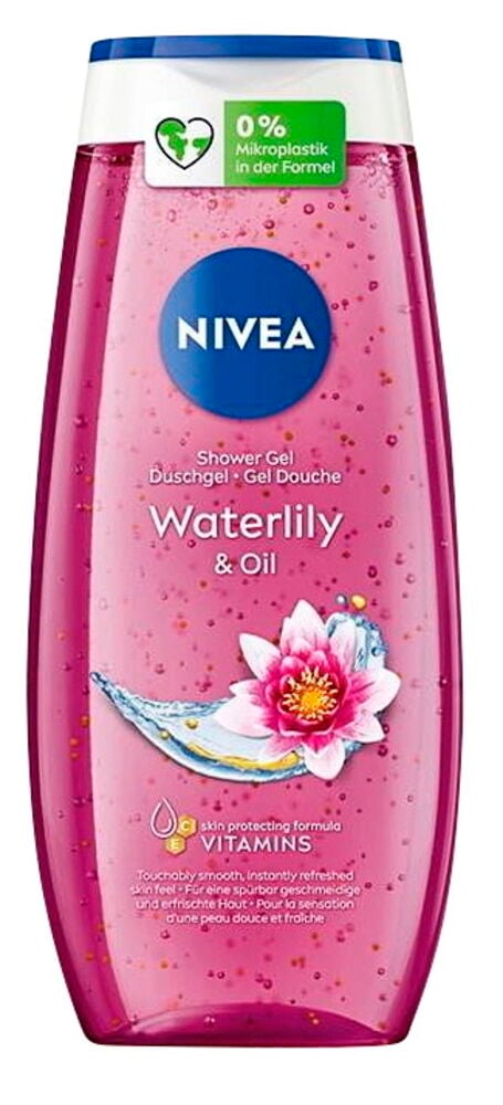 Ein pinkfarbenes Nivea Waterlily & Oil Duschgel in einer transparenten Flasche mit blauem Verschluss.