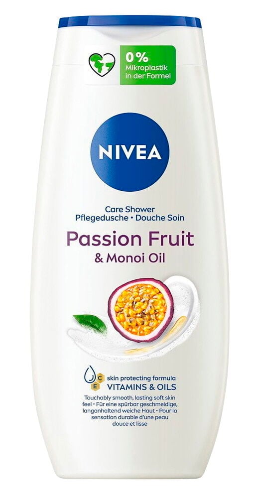 Weiße Nivea 250ml Duschgel Soft Passion Fruit Flasche mit blauem Deckel und Passionsfruchtmotiv.
