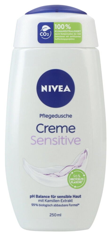 Nivea 250 ml Cream Sensitive Duschgel, weiße Flasche mit blauem Verschluss, 96% recycelt, 100% klimaneutral.