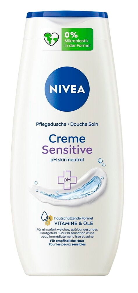 Weiße Nivea Creme Sensitive Duschgelflasche, blauer Verschluss, 0% Mikroplastik, pH hautneutral, Vorderansicht.