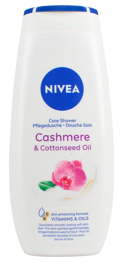 Eine weiße Nivea Duschgelflasche mit blauem Deckel und rosa Orchideen-Grafik.