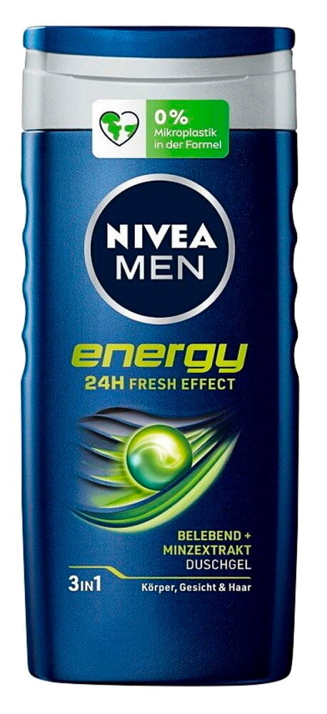 Eine blaue Nivea Men Energy 24h Duschgel-Flasche mit weißem Verschluss, 0% Mikroplastik-Etikett und grüner Grafik.