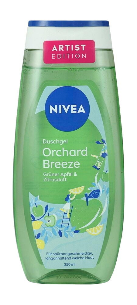 Grünes Nivea Orchard Breeze Duschgel, 250ml, mit Künstlerausgabe-Etikett und Apfel-Zitrus-Design.