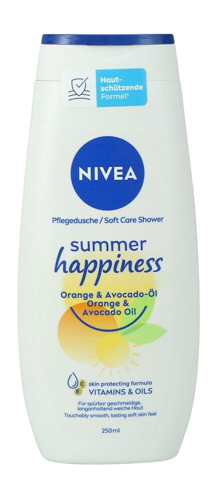 Weiße Nivea Summer Happiness Duschgelflasche mit blauem Deckel und Fruchtgrafiken, 250 ml.