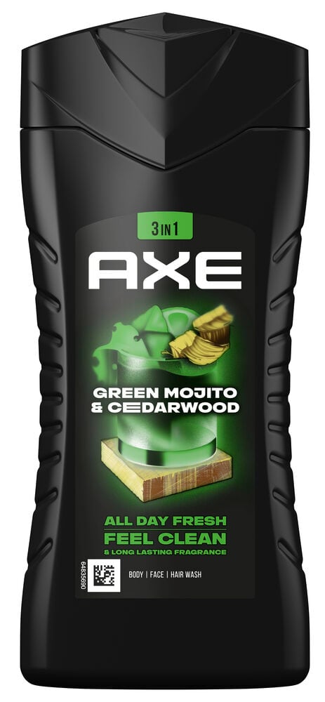 Musta suihkugeelipullo, jossa on vihreä mojito- ja setripuumotiivi.