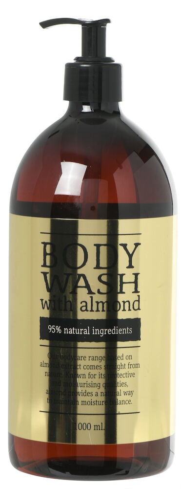 Braune Plastikflasche mit schwarzem Pumpkopf und gelbem Etikett.