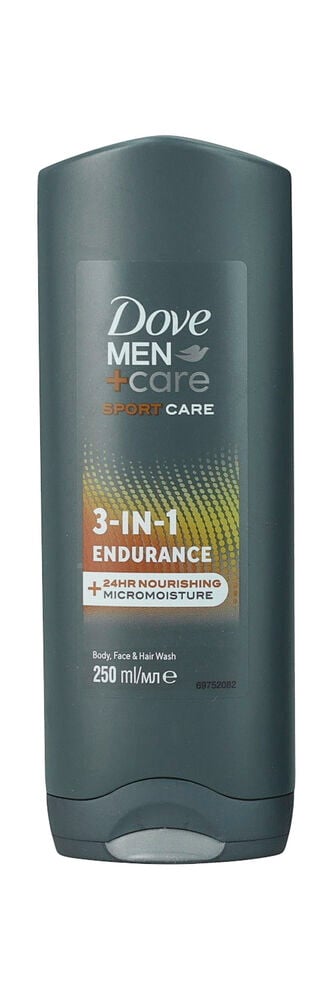 Dunkelgraue Dove Men+Care Sport Care Endurance 3-in-1 Körper-, Gesichts- und Haarwäsche 250 ml Flasche.