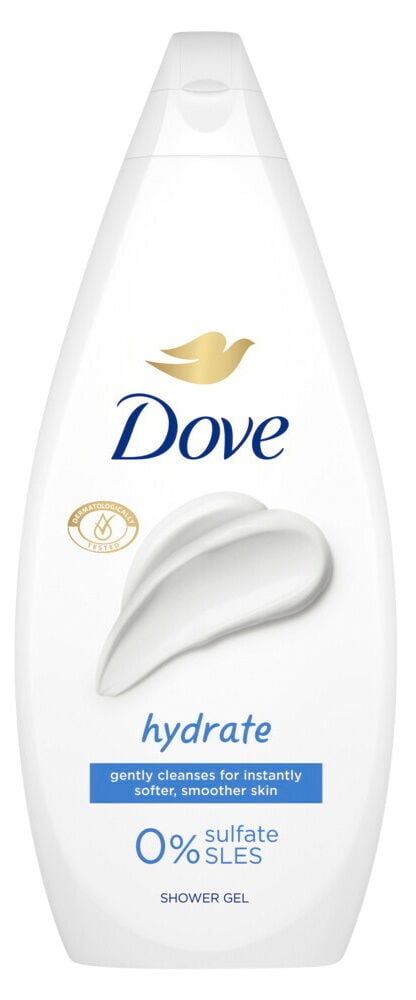Hvit Dove dusjgelé flaske med blå tekst.