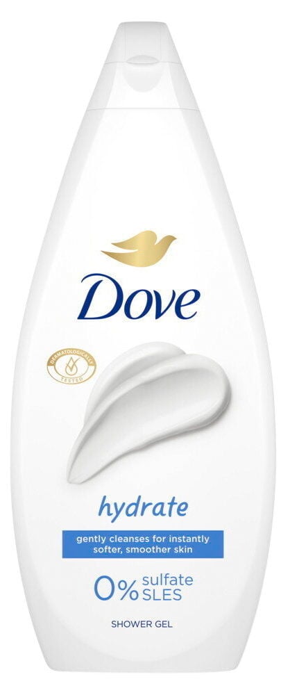 Vit Dove duschgel flaska med blå text.