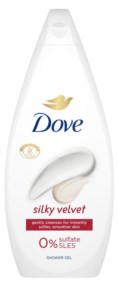 Vit Doveflaska med blå text och guldlogotyp.