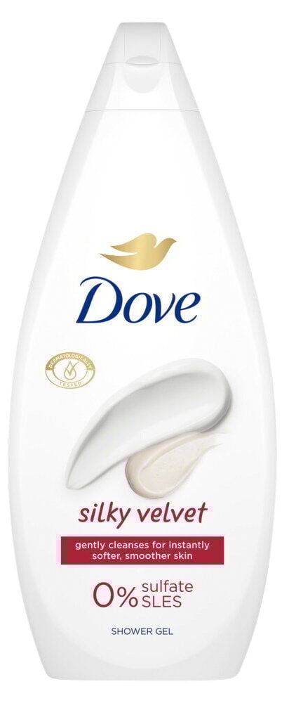 Hvit flaske Dove dusjgel med gullfugl og tekst.