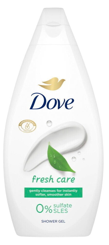 Vit flaskas duschgel med gröna detaljer och logotyp.