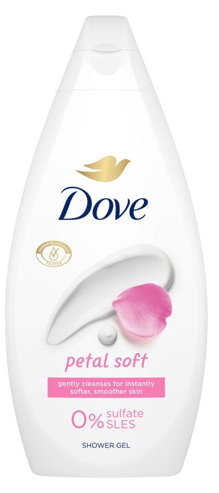 Vit flaska duschgel med rosa blomblad.