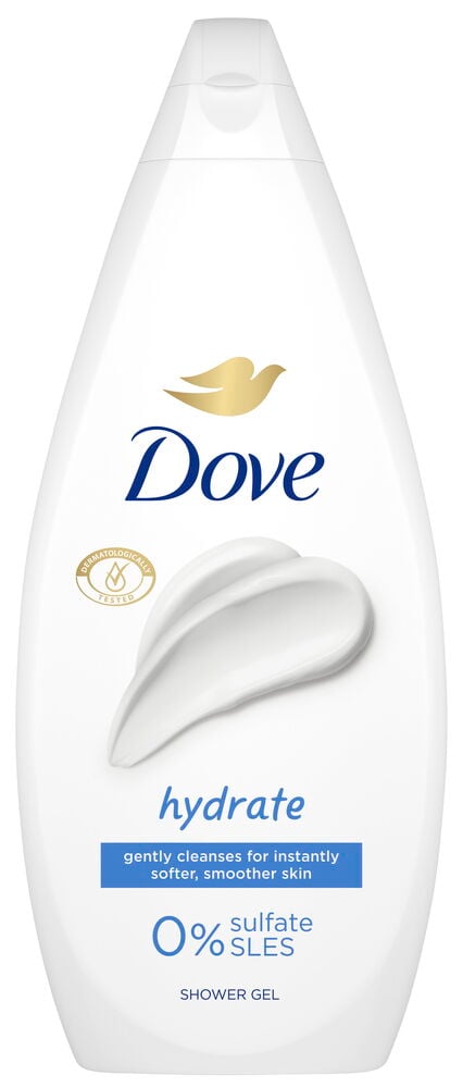 Vit Dove duschgel flaska med blå och guld text.