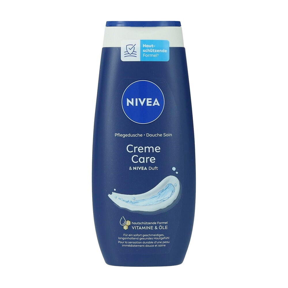 Blaue Nivea 250 ml Cream Care Duschcreme-Flasche mit weißem und blauem Klappdeckel und Textetiketten.