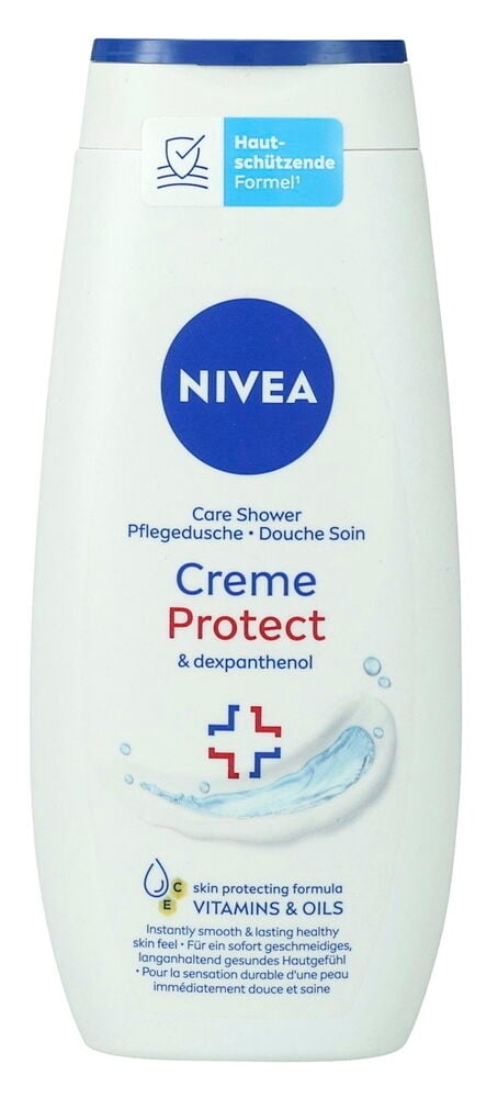 Weiße Nivea 250 ml Creme Protect & Dexpanthenol Duschcremeflasche mit blauem Deckel und Logo, Vorderansicht.