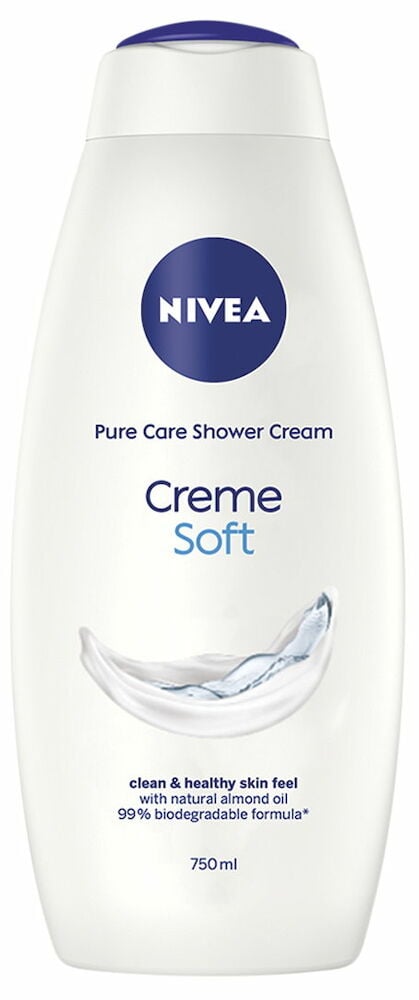 Valkoinen Nivea 750 ml Creme Soft suihkusaippuapullo sinisellä korkilla ja kermaroiskegrafiikalla.