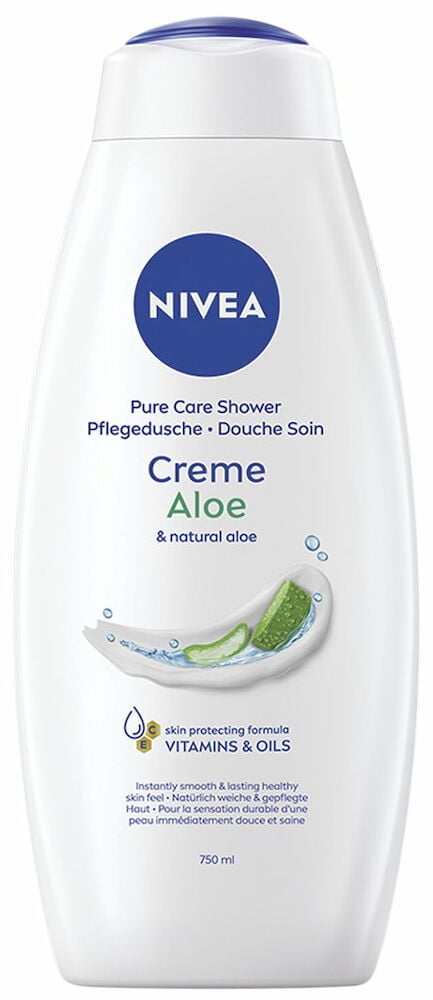 Valkoinen Nivea 750 ml Creme Aloe suihkusaippua pullo sinisellä korkilla ja aloe vera kuvalla.