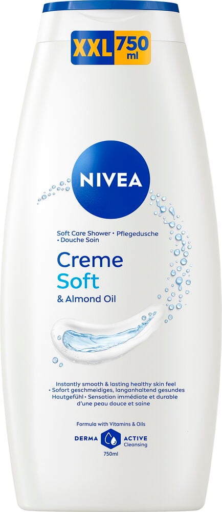 Nivea Creme Soft & Almond Oil duschcreme, 750ml vit flaska med blått lock.