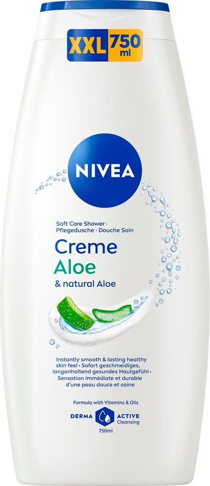 Duschcreme Nivea 750 ml Creme Aloe, vit flaska med blå kork och etikett med aloe vera.