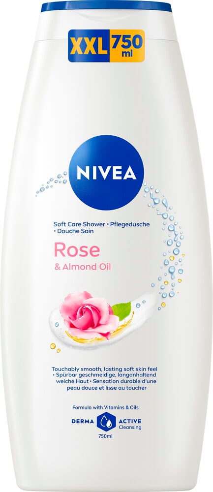 Vit Nivea 750 ml Rose & Almond Oil duschcremeflaska med blått lock och etikett.