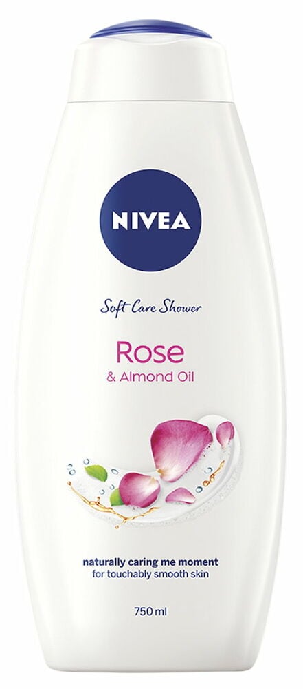 Vit Nivea Soft Care Shower Rose & Almond Oil, 750 ml flaska med blå kork och rosenbladsbild.