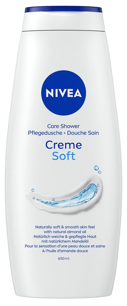 Vit Nivea duschcremeflaska med blått lock.