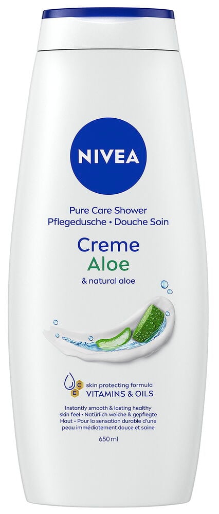 Vit flaska Nivea duschcreme med aloe vera.