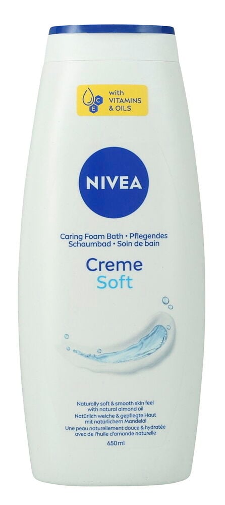 Weiße Nivea 650 ml Creme Soft Duschcremeflasche mit blauem Verschluss, Logo und Wasserspritzergrafik.