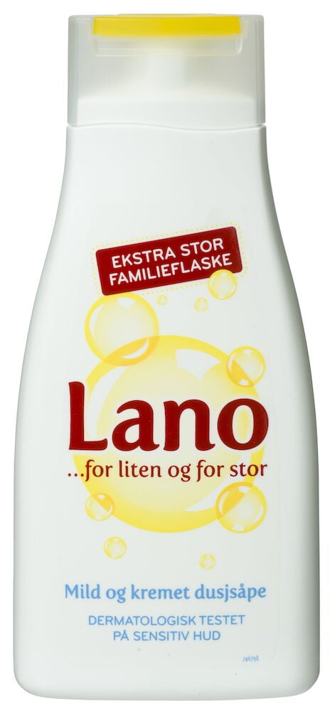 Hvit plastflaske med Lano dusjkrem og fargerik etikett.