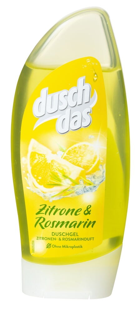 Duschdas 250 ml Überglücklich Duschgel, klare Flasche mit gelber Flüssigkeit, weißem Verschluss und Zitrone & Rosmarin Etikett.