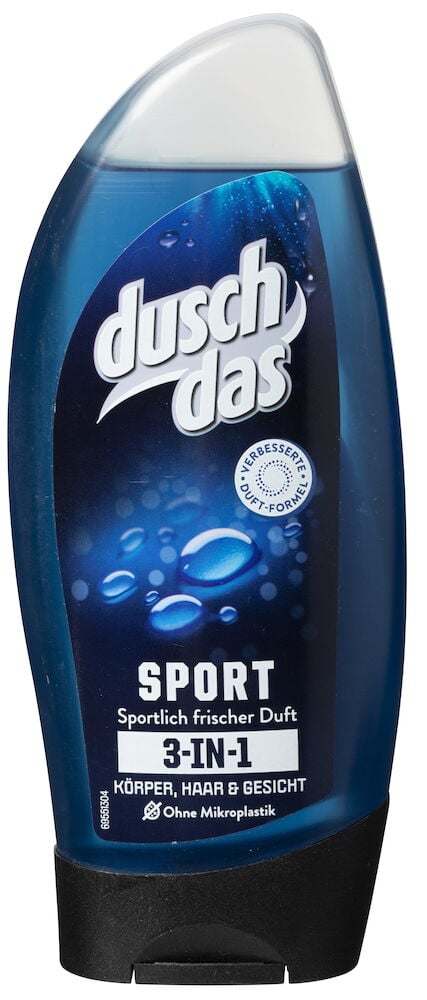 Blaue Duschgel Duschdas 250 ml Men Sport Flasche mit schwarzem Verschluss und dunkelblauem Etikett.