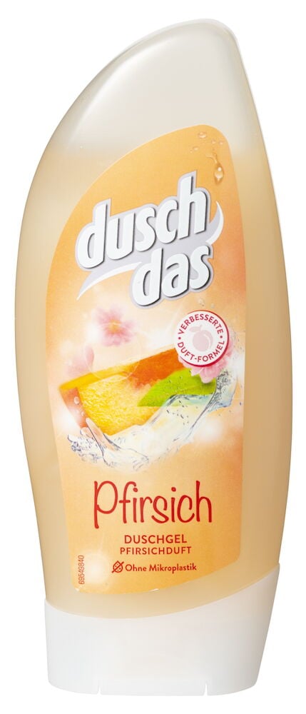 Eine beige Duschdas 250 ml Pfirsich Duschgelflasche mit orangefarbenem Etikett, das Pfirsichscheiben und Wasserspritzer zeigt.