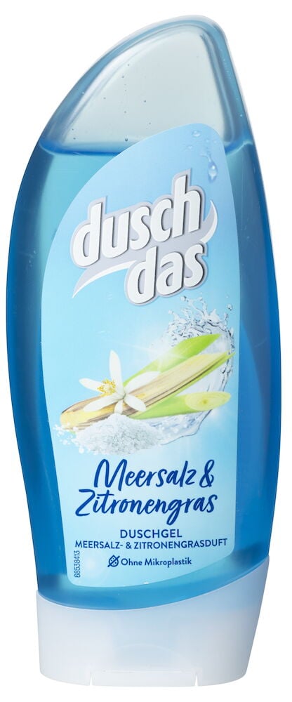 Blau transparente Duschgel Duschdas 250 ml Meersalz & Zitronengras Flasche mit weißem Verschluss, Vorderansicht.