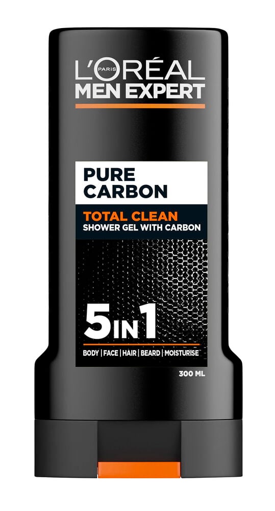 Dusjgelé L´Oréal Men Expert 300 ml Total Clean 5 in 1, en svart rektangulær flaske med oransje og hvite detaljer.