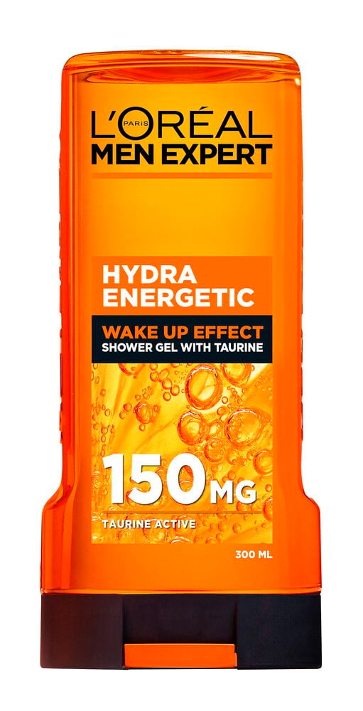 Oransje L´Oréal Men Expert Hydra Energetic 300 ml dusjgeleflaske med svart kork og etikett.
