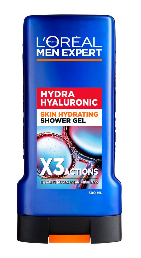 Blå L'Oréal Men Expert Hydra Hyaluronic dusjgelé, 300 ml, med svart kork og oransje detalj.