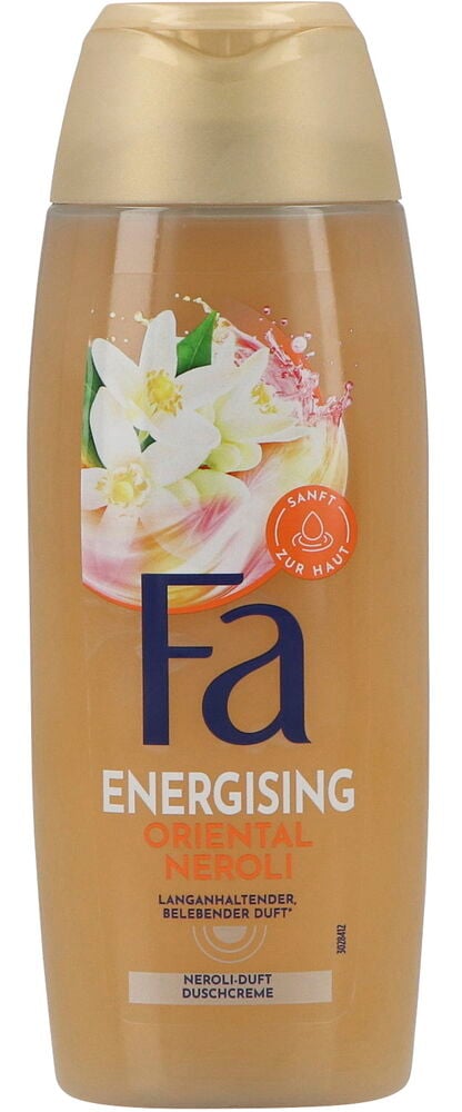 Vorderansicht einer orangefarbenen Fa Duschgelflasche mit goldenem Verschluss und Oriental Neroli Etikett mit Blumen.