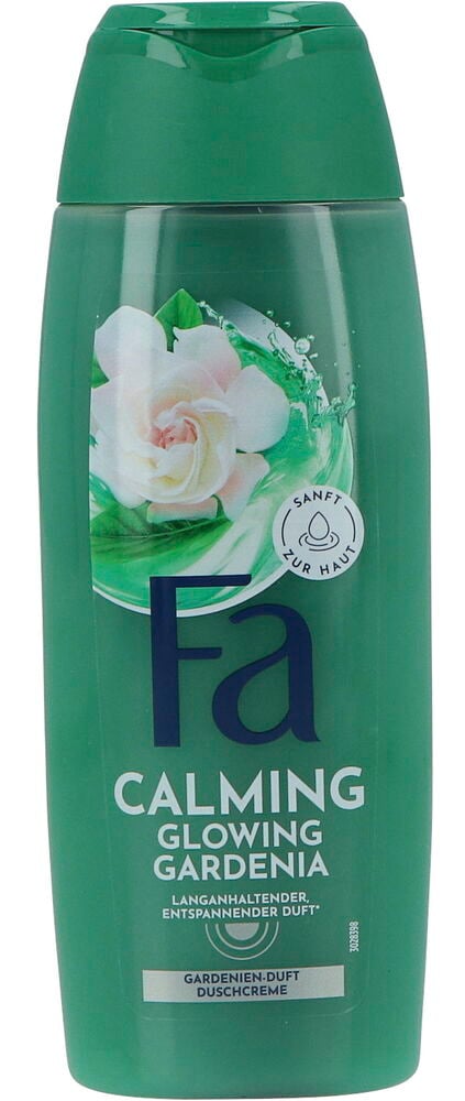 Eine grüne Fa 250 ml Glowing Gardenia Duschgel Flasche mit weißem Blumenetikett, Vorderansicht.