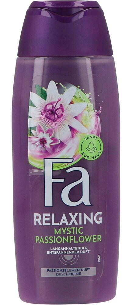 Eine lila Fa Relaxing Mystic Passionflower Duschgel Flasche mit einem Passionsblumen-Design auf dem Etikett.
