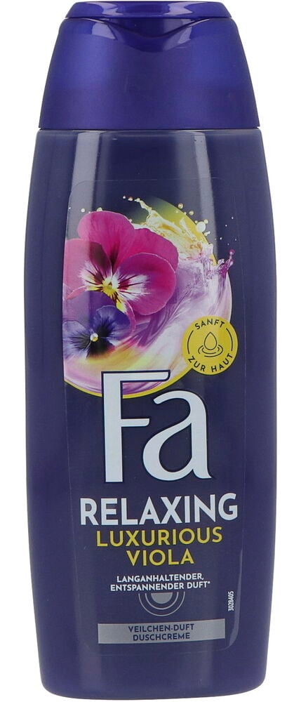 Dunkellila Fa Luxurious Viola Duschgel Flasche mit Blumenmotiv und einem gelben "SANFT ZUR HAUT" Etikett.