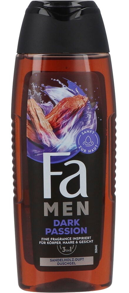 Duschgel Fa 250 ml Dark Passion, braune Flasche mit schwarzem Deckel, mit Sandelholzbild auf dem Etikett.