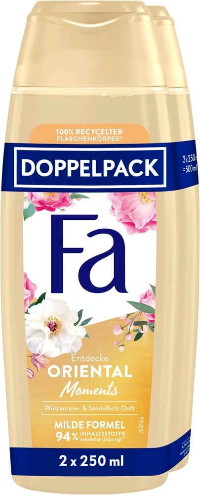 Zwei beige Fa Duschgelflaschen, 2x250 ml Oriental Moments, mit dunkelblauen und floralen Etiketten.