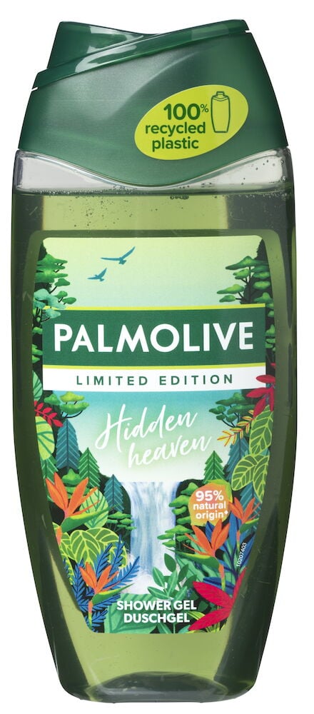 Hellgrünes Duschgel in transparenter Flasche mit dunkelgrünem Verschluss, tropisches Etikett, 100% recycelter Kunststoff.