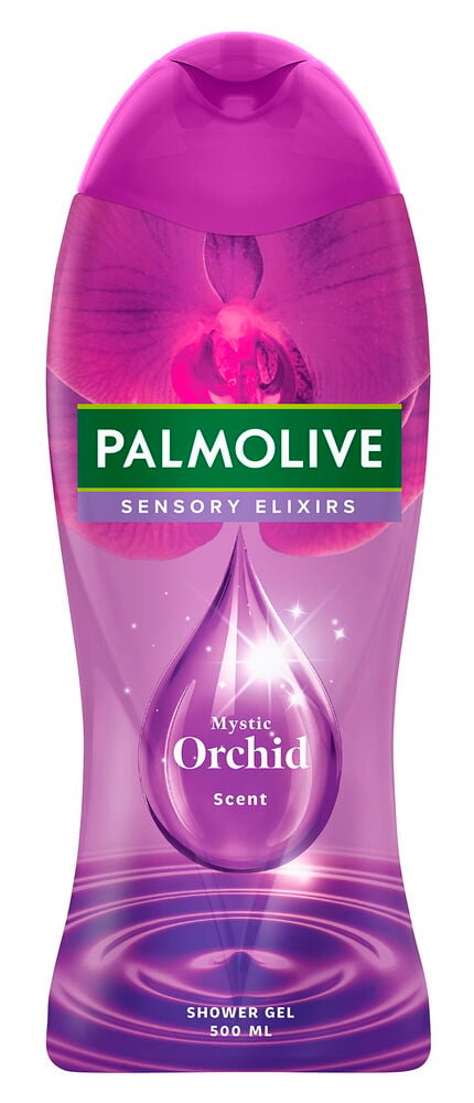 En lila Palmolive duschgelflaska med orkidégrafik och texten 'Mystic Orchid Scent'.