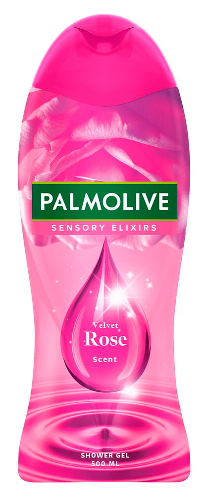 Rosa 500 ml duschgelflaska med mörkrosa kork och rosdoft, frontvy.